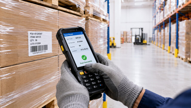 Hands holding scanner device reading barcode on warehouse pallet stack