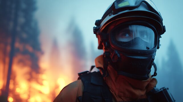 A firefighter wearing protective gear and a helmet stands alert near a blazing forest fire with smoke and flames in the background.