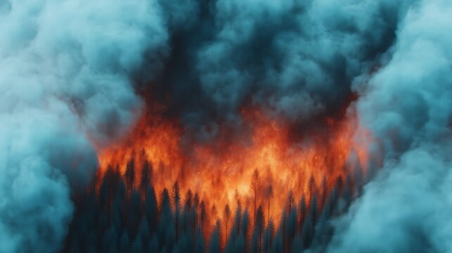 A raging forest fire engulfs tall pine trees, with thick smoke billowing into the sky, highlighting the severity of the wildfire.