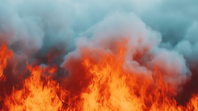 Intense orange flames engulf the lower part of the image, with thick gray smoke billowing upwards against a blurred sky background.