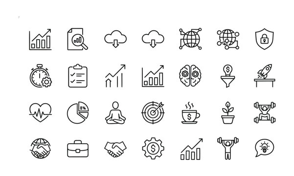 Set of modern line icons for business development artificial intelligence marketing analytics and industrial automation on white background
