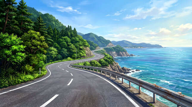 Scenic coastal road winding along the beautiful blue ocean with seaside cliffs.