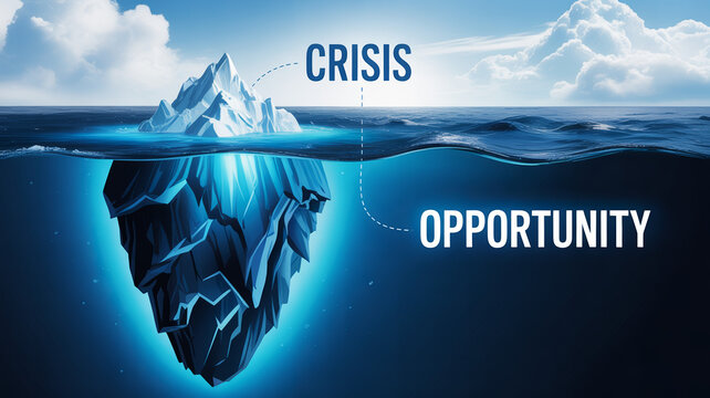 An iceberg floating in the ocean with the words 'crisis' and 'opportunity' written above and below the waterline, symbolizing hidden potential.