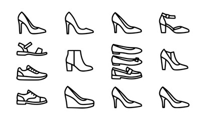 Obraz premium Women's Fashion Footwear Icon Set Featuring High Heels, Pumps, Sandals, Boots, and Flats for Beauty, Retail, Style Blogs, and Apparel Shopping Website Graphic Designs