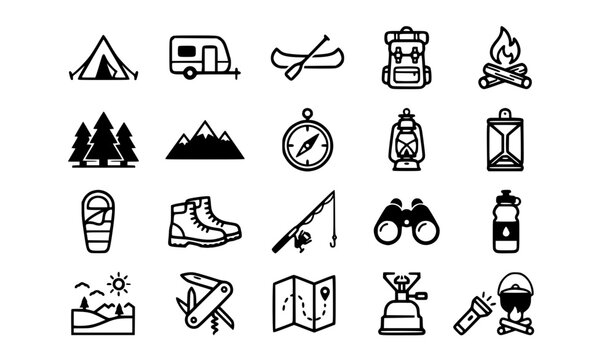 Comprehensive Camping and Outdoor Adventure Icon Set Featuring Tents RVs Hiking Gear Fishing Equipment and Navigation Tools for Travel and Wilderness Design