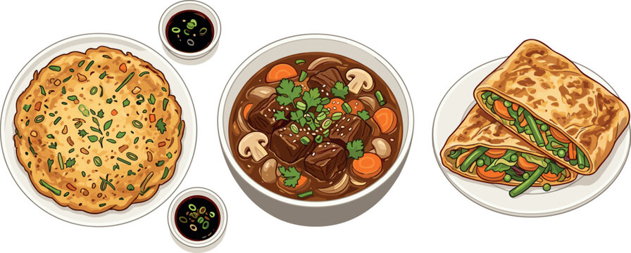 
Asian Food Set with Scallion Pancake, Beef Mushroom Stew, and Vegetable Wrap Vector Illustration