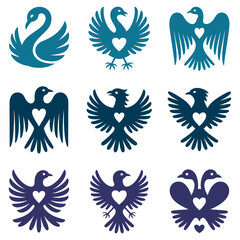 Fototapeta premium Collection of heart shaped birds and swans in various shades of blue on white background