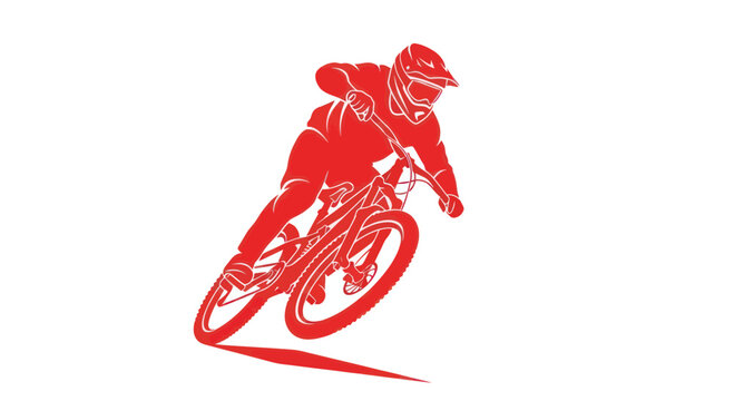 Red Silhouette of Cyclist Riding Downhill Mountain Bike, Extreme Sport