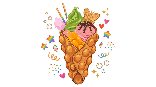 Hong Kong Bubble Waffle with Ice Cream and Mango Illustration