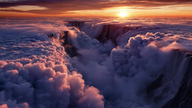 Aerial view of clouds filling a deep canyon during a beautiful sunrise or sunset