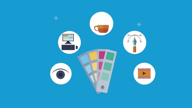 Creative graphic design tools and icons motion graphic animation over blue background.