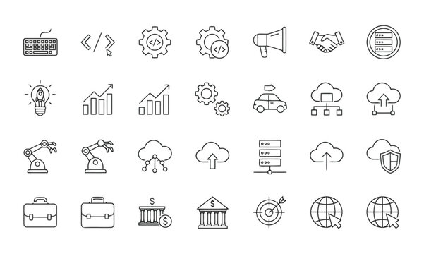 Professional business and cloud computing line icon set featuring coding and network connectivity symbols for web development and corporate presentation design isolated on white background vector