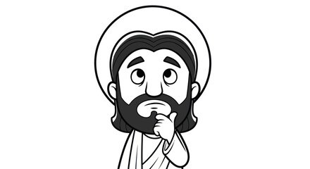 Fototapeta premium Cartoon Jesus Thinking Pensive Thoughtful Pose Halo White Background