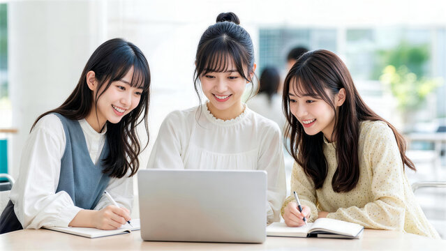 オフィスでノートパソコンを見ながら談笑する3人の若い女性