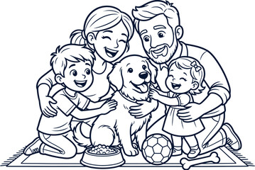 Fototapeta premium Happy family with dog line art illustration pet food advertisement concept