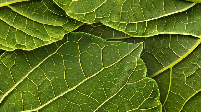 Macro shot of overlapping green leaves, showcasing intricate vein patterns and textured surfaces