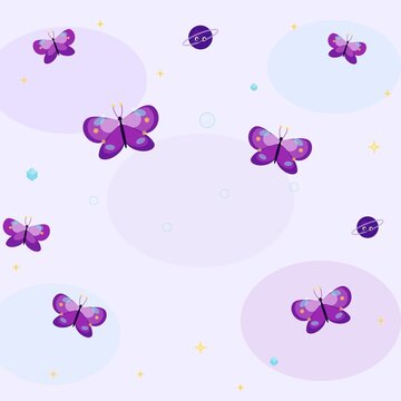 Cosmic Butterfly Space Seamless Pattern with Planets and Stars on Lavender Background