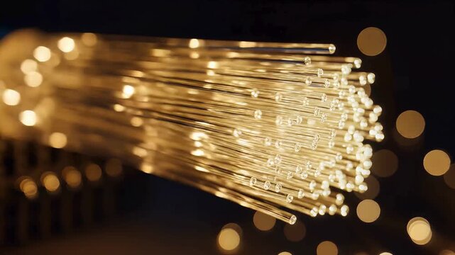 Macro of flexible fiber optic glass threads swaying slowly with warm golden light pulsing through them against dark background.