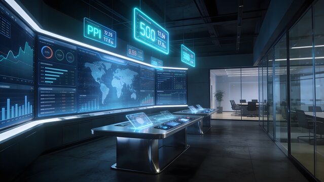 Futuristic Command Center Interior with Data Screens and Modern Technology.