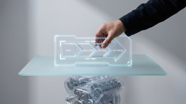 Person's hand touching a 3d printed object representing smart execution engine metaphor in technology