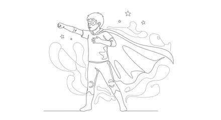 Fototapeta premium Young Boy Superhero Pose, Flying, Outline Drawing, Kids Imagination, Power Concept