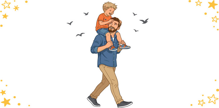 Smiling father walking with little son on shoulders celebrating fathers day horizontal banner vector