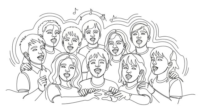 Diverse children's choir singing together, joyful expression, musical notes, line art illustration