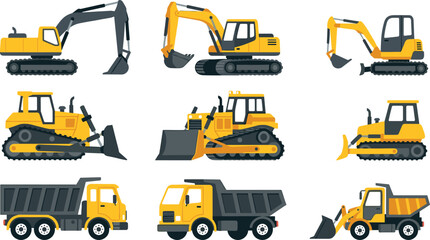 Heavy Construction Machinery Set with Excavators, Bulldozers, and Dump Trucks for Industrial Equipment Illustrations and Engineering Vector Designs © Md