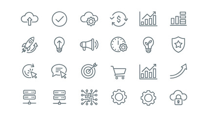 Fototapeta premium Professional colorful vector icon pack for website and digital business application development featuring cloud computing and e-commerce symbols isolated on a clean white background for modern design