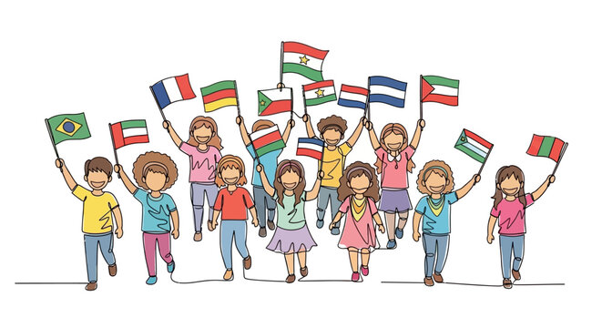 Diverse children holding international flags, celebrating unity and global friendship