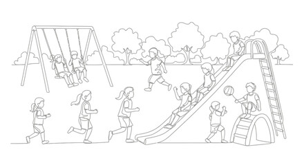Obraz premium Children playing on playground equipment, swing set, slide, active kids, outdoor fun, line art illustration
