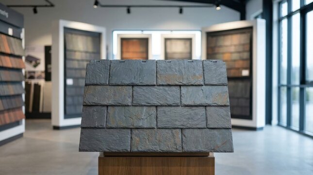 Close-up view of a sample stack of interlocking dark grey composite roofing tiles showcasing texture and pattern