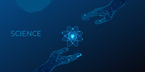 abstract atomic structure between polygonal hands dark blue background © Juran