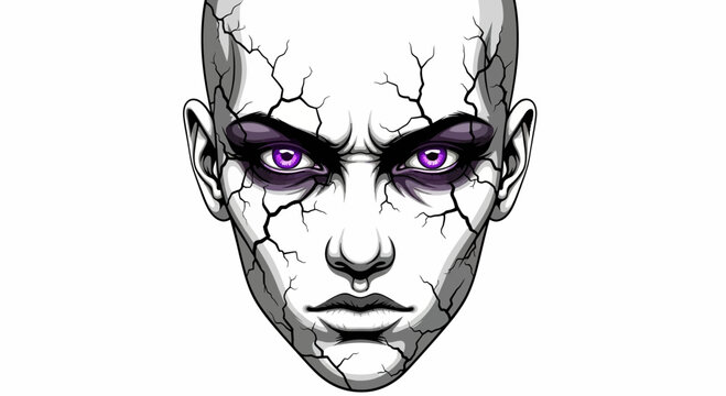 Cracked bald face with glowing purple eyes and dark makeup