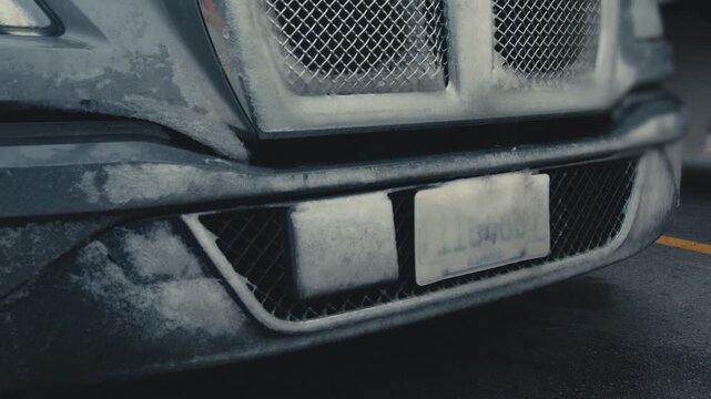 Truck bumper and grille covered in ice and snow