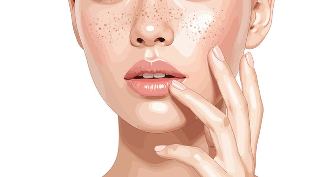 Woman with freckles and clear skin touching her pink lips