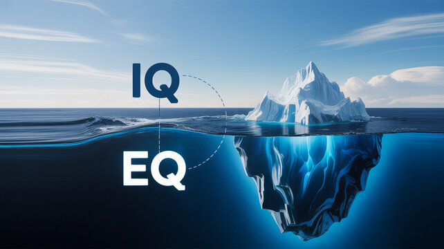 Iceberg with iq and eq letters above and below water symbolizing intelligence and emotions