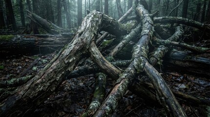 Fototapeta premium Intricate Gnarled Tree Roots and Branches Tangled Artistically in a Misty Forest Setting
