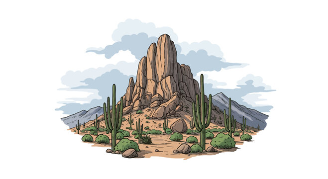 Desert Landscape with Saguaro Cactus and Majestic Rock Formation
