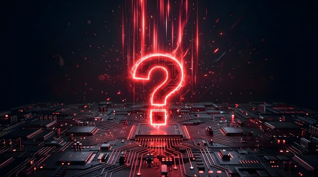 Glowing Question Mark Illuminates a Digital Circuit Board Symbolizing Cybersecurity Vulnerabilities and Information Breaches