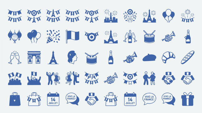 France Celebration Icons: Bastille Day, Eiffel Tower, Flags, Party & National Symbols