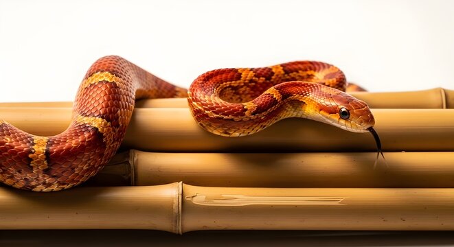 An orange patterned snake resting across layered wooden poles in warm natural lighting.