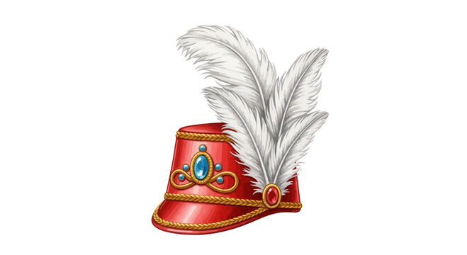 Red Marching Band Shako Hat with White Feather Plume and Gold Trim