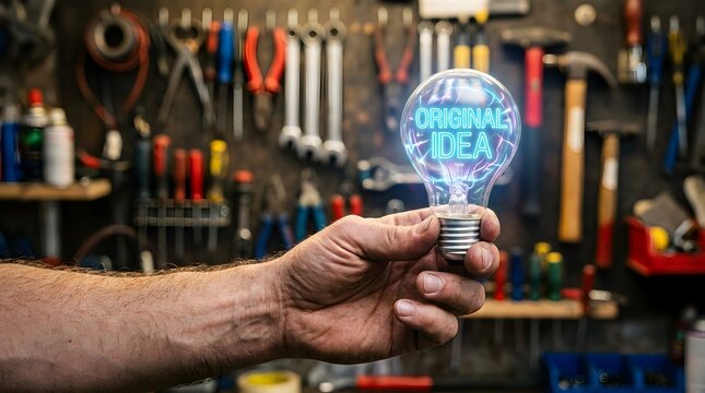 Hand Holding Glowing Lightbulb with Original Idea Text Symbolizing Innovation and Creative Business Strategy