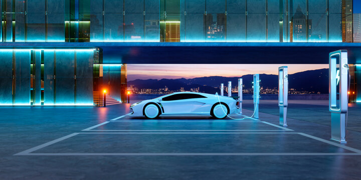 3d rendering white electric car charging at futuristic station