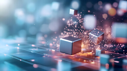 Obraz premium Abstract Technology Background with Floating Cubes, Data Flow, and Glowing Particles for Network, Connection, and Innovation Concepts