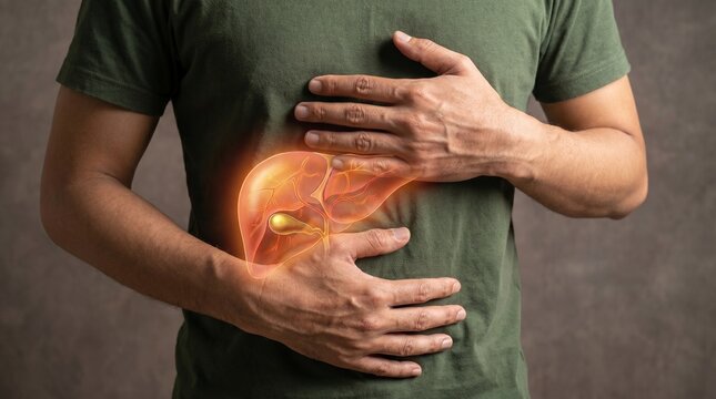 Man holding his abdomen with a glowing human liver illustration representing pain or disease.