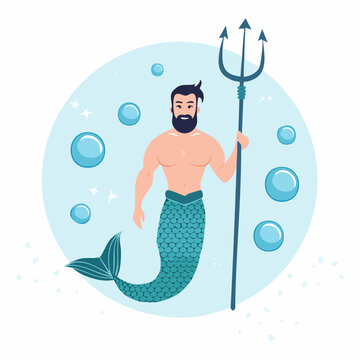 Illustration of a merman holding a trident with bubbles and stars
