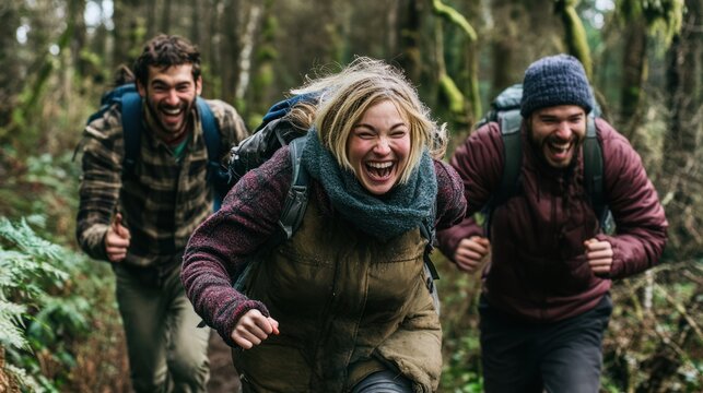 Group of friends enjoying a joyful hike through lush forest