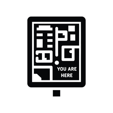 Minimalist black and white shopping mall directory with 'you are here' marker